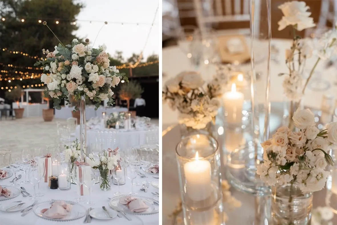 Tall floral arrangements on festively laid tables at a wedding in Cyprus