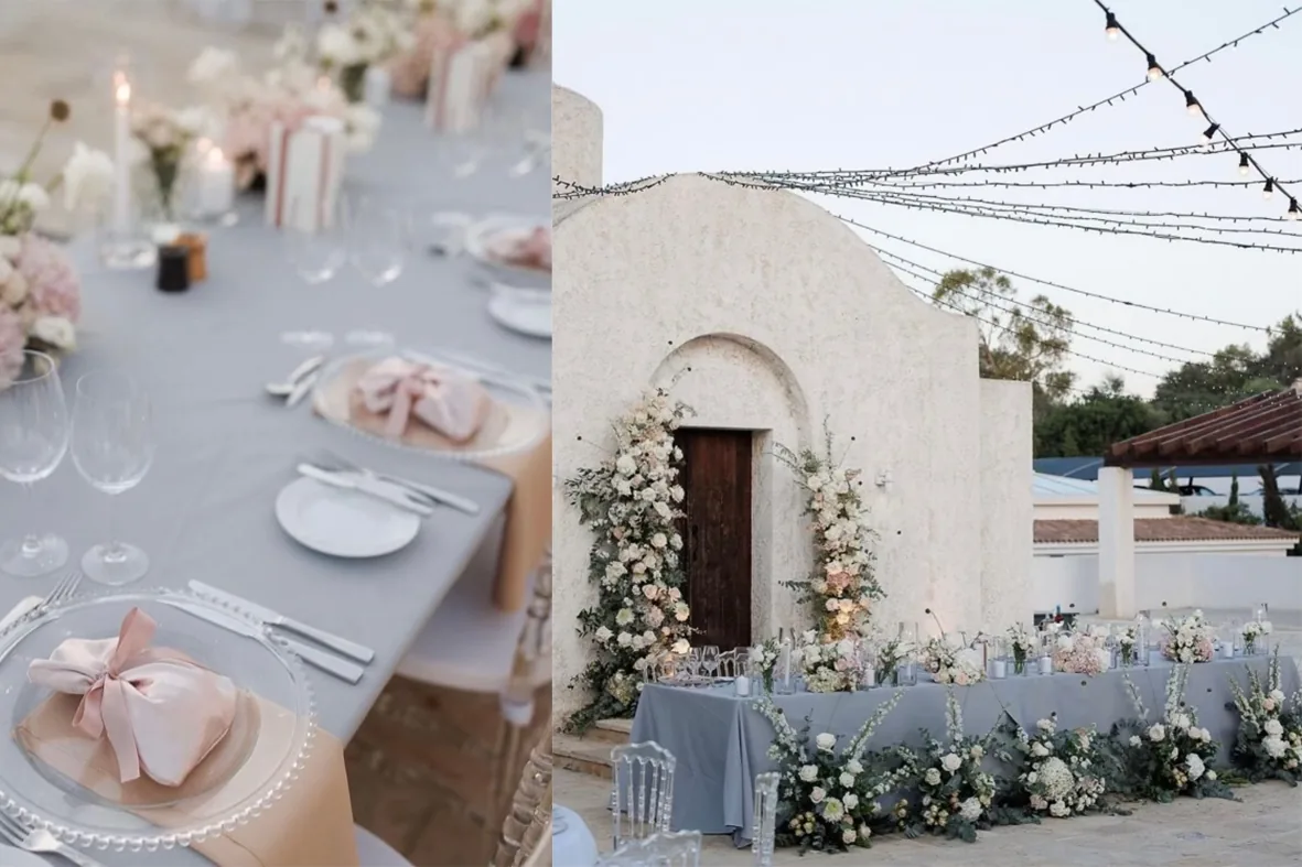 Wedding tables set for dinner in a Cypriot village at sunset